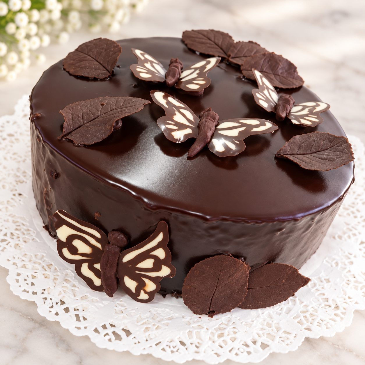 Torta Matilda de D'amor: cobertura de chocolate con mariposas y hojas de chocolate.